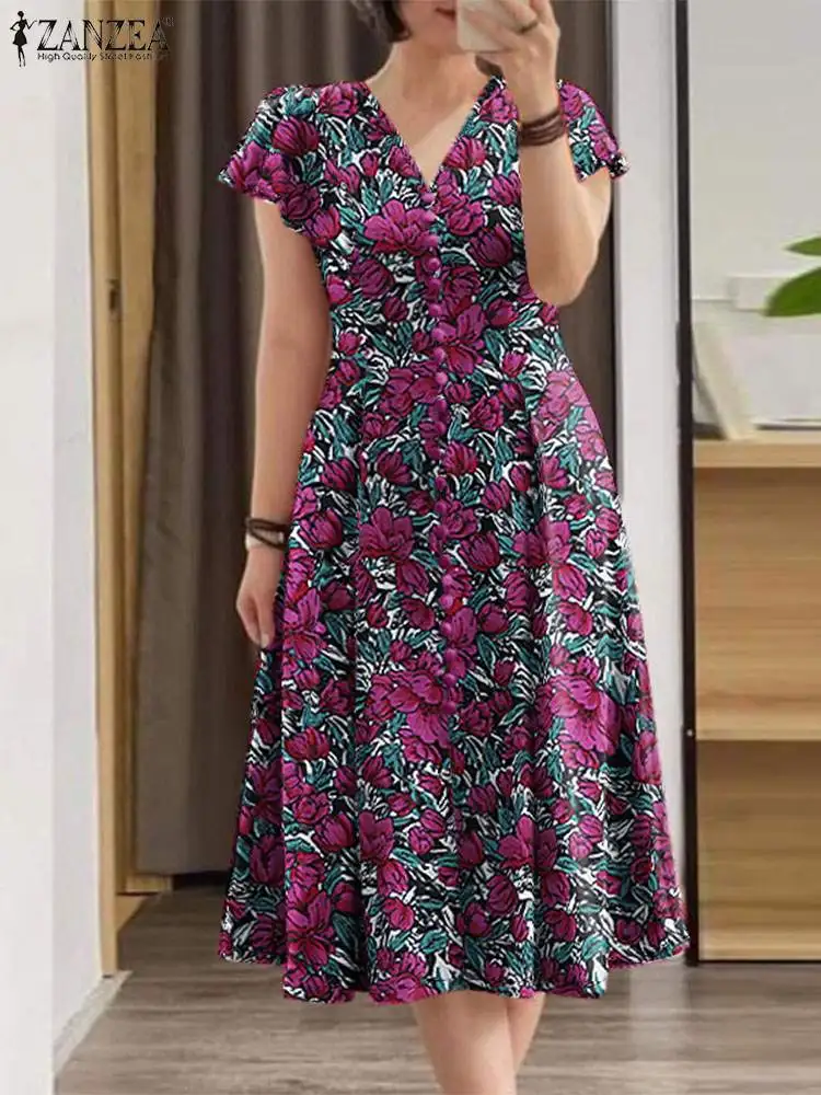 Elegant Women V Neck Short Sleeve Sundress Summer Dress 2024 ZANZEA Bohemain Floral Print Dresses Stylish Holiday Party Vestidos