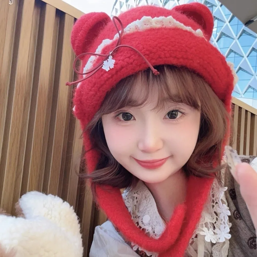

Casual Sweet Bear Ear Knitted Hat Woolen Keep Warm Neck Collar Beanies Cap Polyester Neck Protector Pullover Cap Autumn