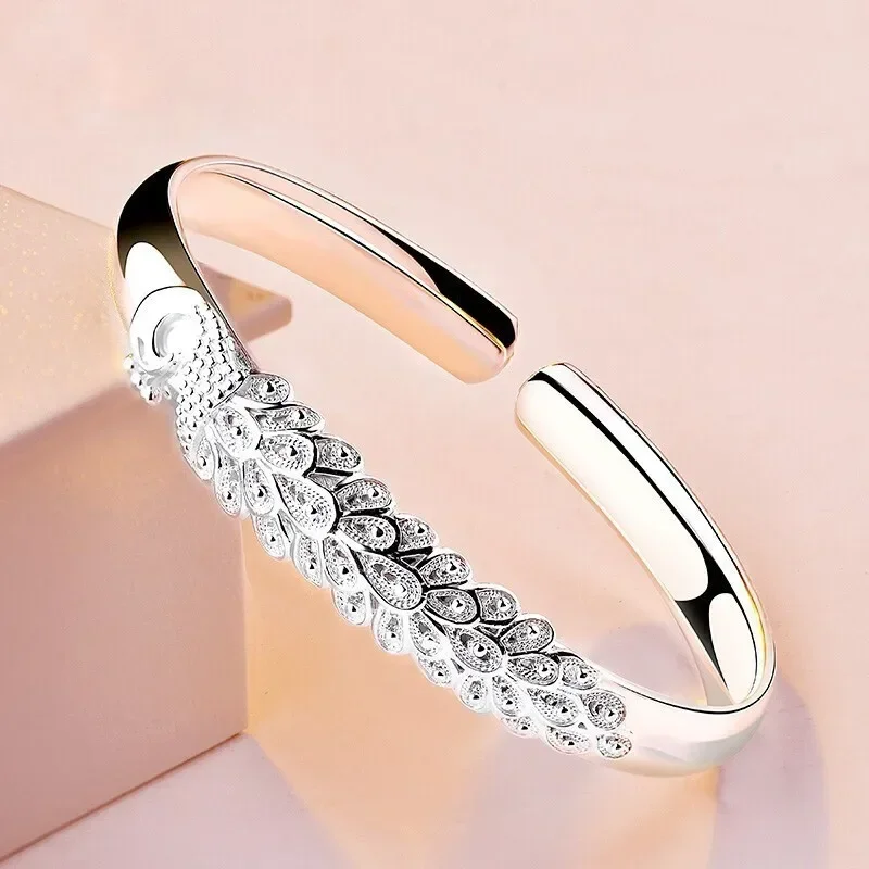 

Sterling Silver Peacock Design Open Bracelet for Women, Elegant Texture Party Jewelry Gift