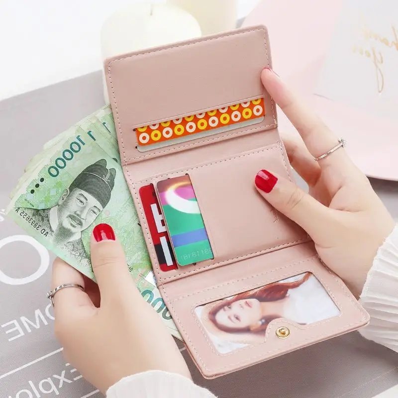 Pu Leather Pure Color Simple Korean Version Student Multifunctional Mini Folding Card Clip Short Wallet for Women