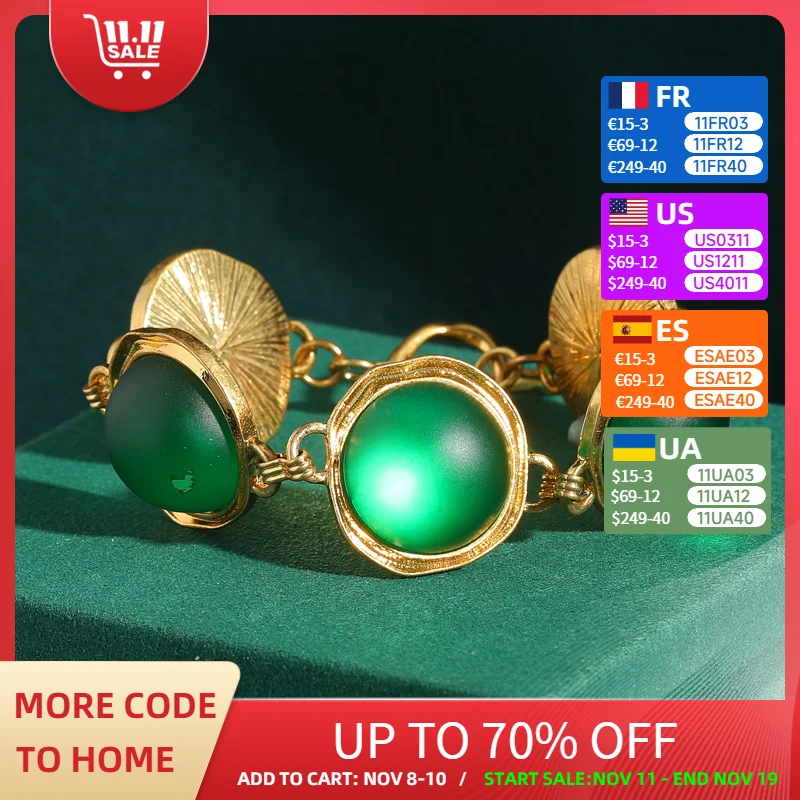 

Vintage Emerald Green Cat Eye Charm Bracelet Chain Circular Glass Moonstone Luxury Brand Jewelry Mothers Day Gift 2025 Trending