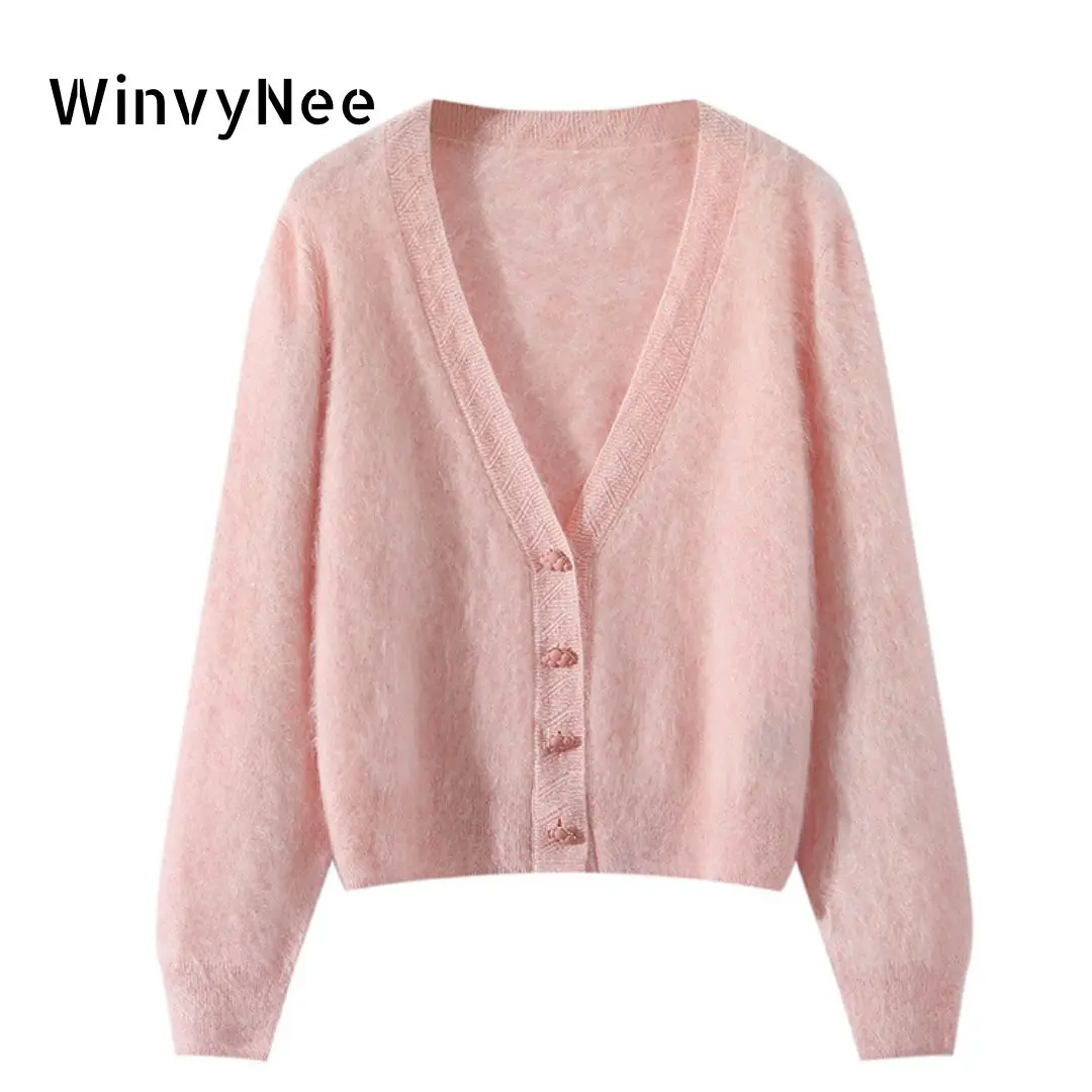 WinvyNee Women's Burshed Cashmere Cardigans Long Sleeve Sweaters Solid Casual V Neck Knitwear Outerwears Winter Coats B1444009