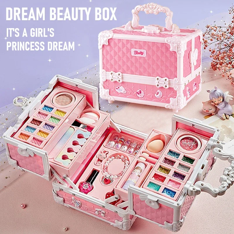 

Kids Makeup Kit cosmetic makeup playset carrying case imitation nail polish playing house girl birthday gift dream treasure box