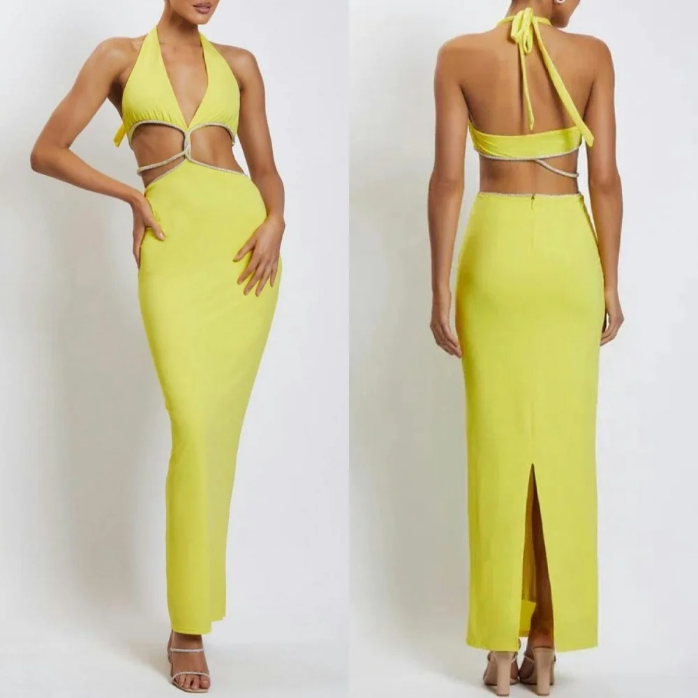 

Customized Simple Fashion Sexy Jersey Sequined Pleat Sheath V-neck Halter Long Dresses Bespoke Occasion Dresses Sizes Available