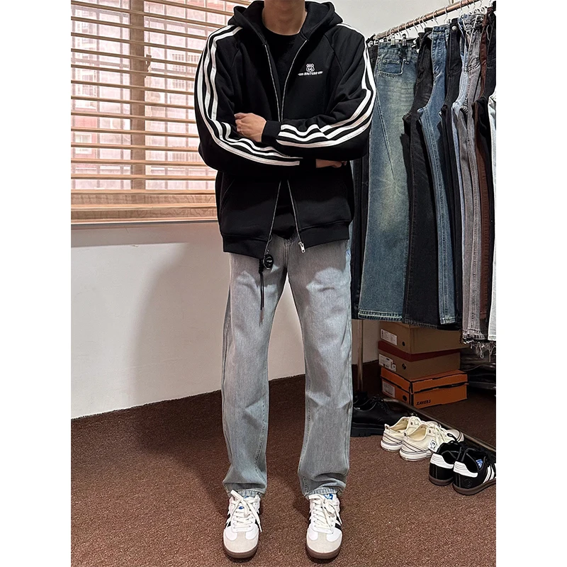

Gray Cement Straight Leg Jeans Men's Casual American Style Long Pants Trendy Cleanfit Jeans Cotton Polyester Spandex Blend