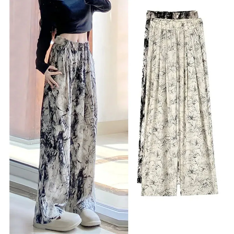 Summer Women Chiffon Ink Wash Wide Leg Pants Lazy Wind Female Thin Ice Shreds Sunscreen Trousers Ladies High Waisted Pantalons