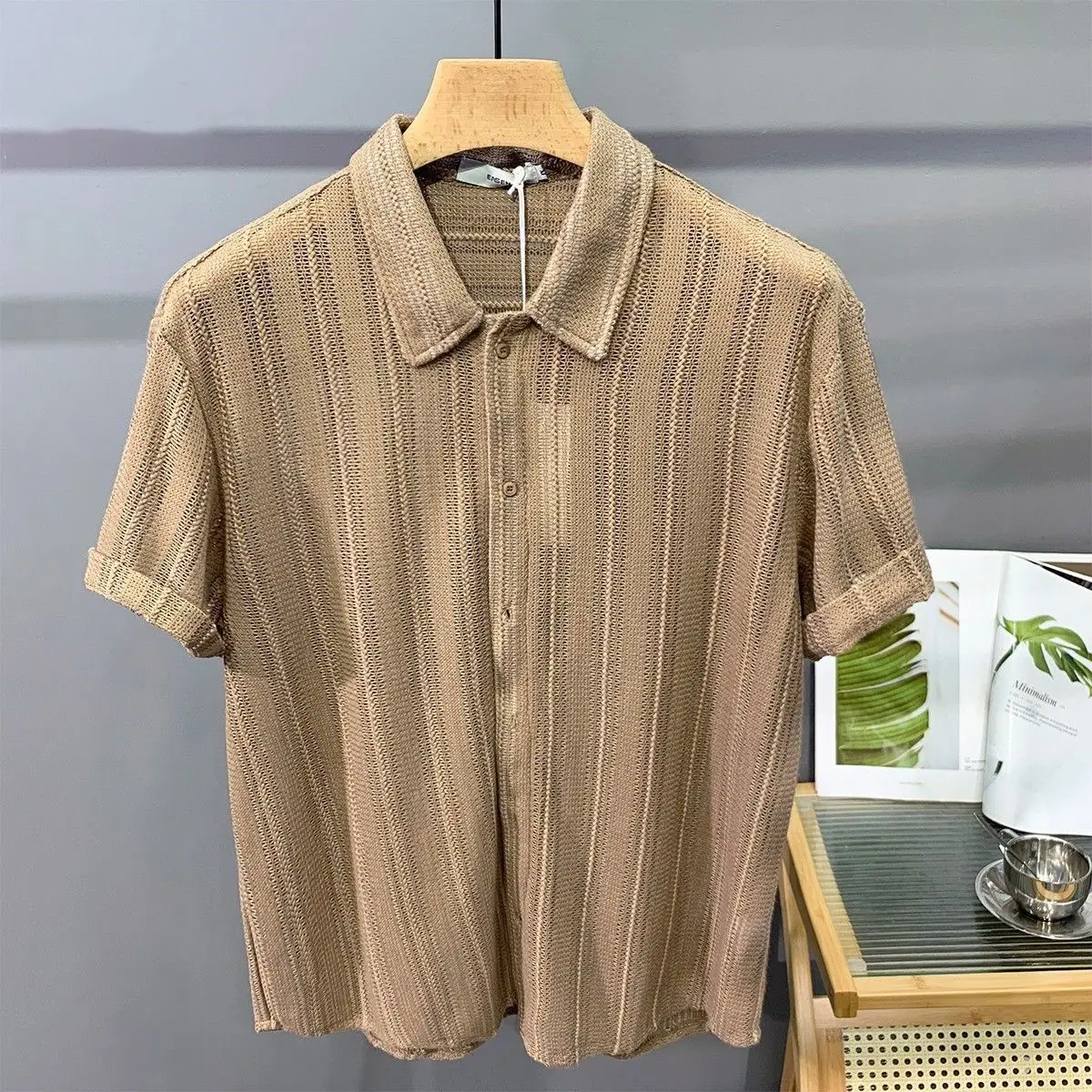 2024 New Summer Thin Hollow Shirts for Men Short Sleeve Trendy French Light Luxury Solid Color Casual Hawaiian Shirt Mens Shirt