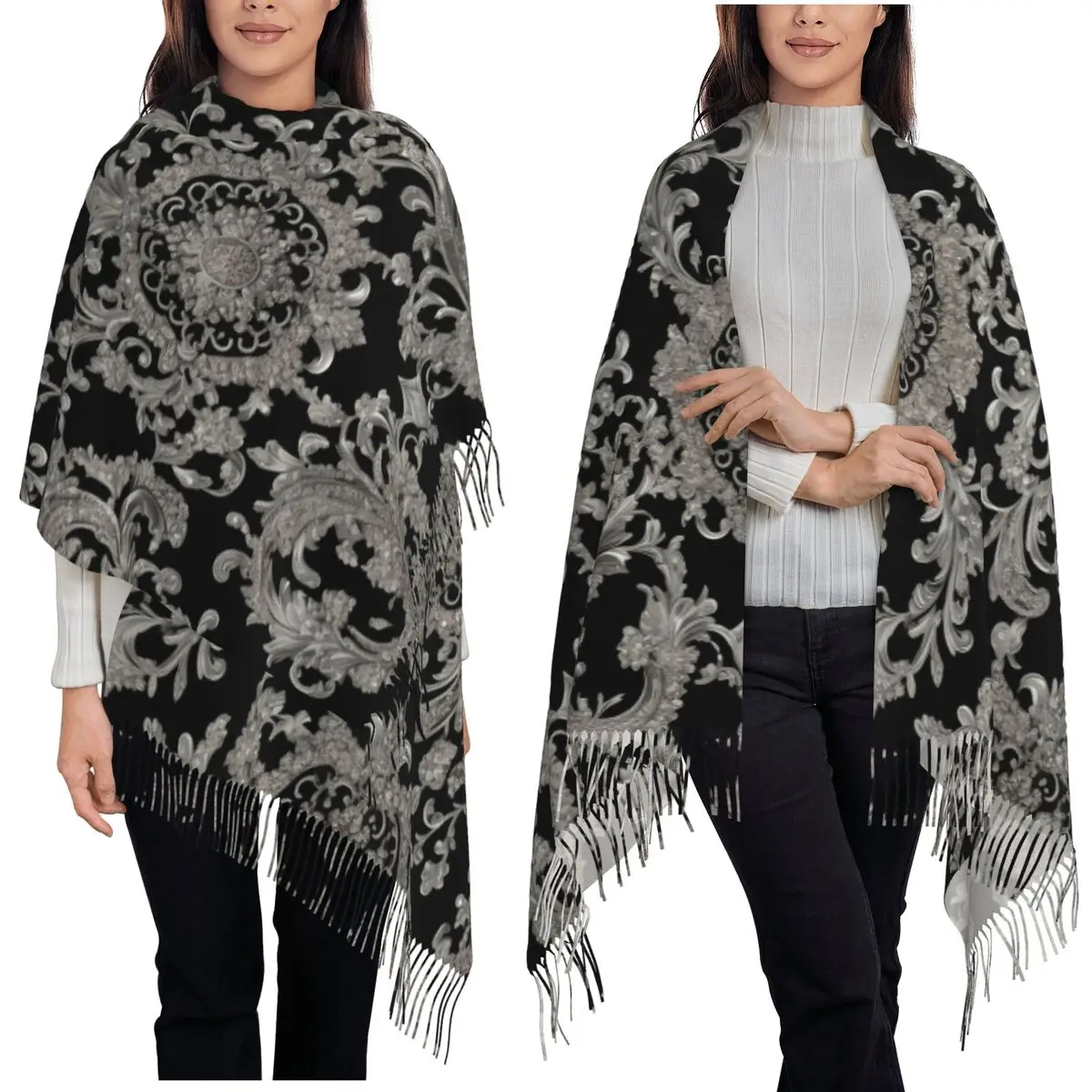 

Черный шарф через плечо в стиле барокко, шарфы с кисточками для женщин, мягкие теплые шали и накидки, большая осенне-зимняя шаль