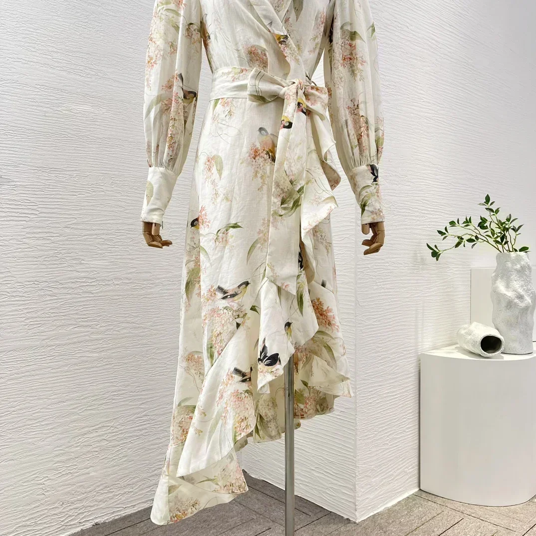 2024 New Linen Vintage Beige Flower Birds Print Long Sleeve Irregular Ruffle Self Bow Tie At Waist Women Midi Wrap Dress