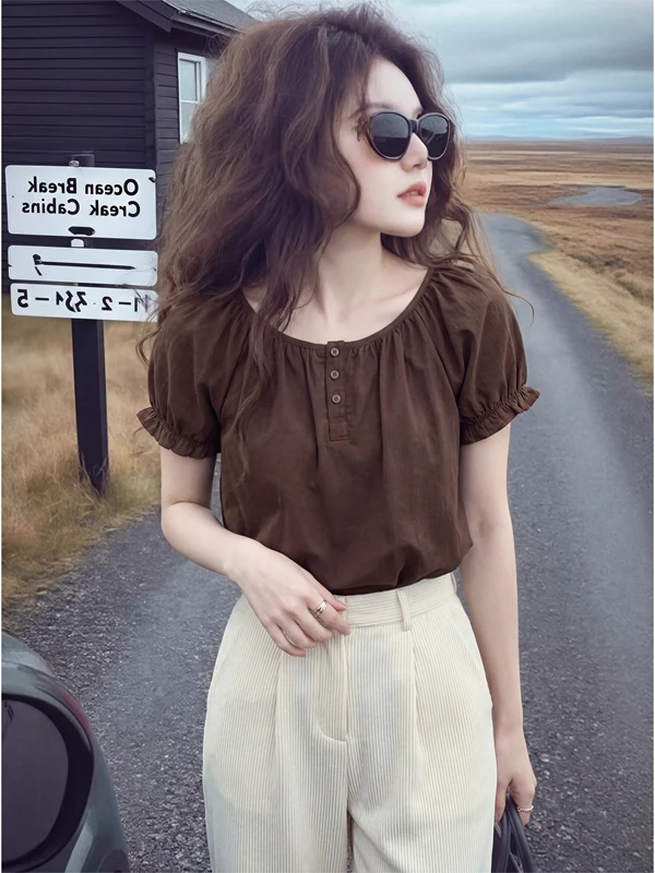 

Elegant Short Sleeve Shirt Women's Fashionable Summer New Arrival Shirt Sakura Lemon Brand Slim Fit Bubble Sleeve round Neck