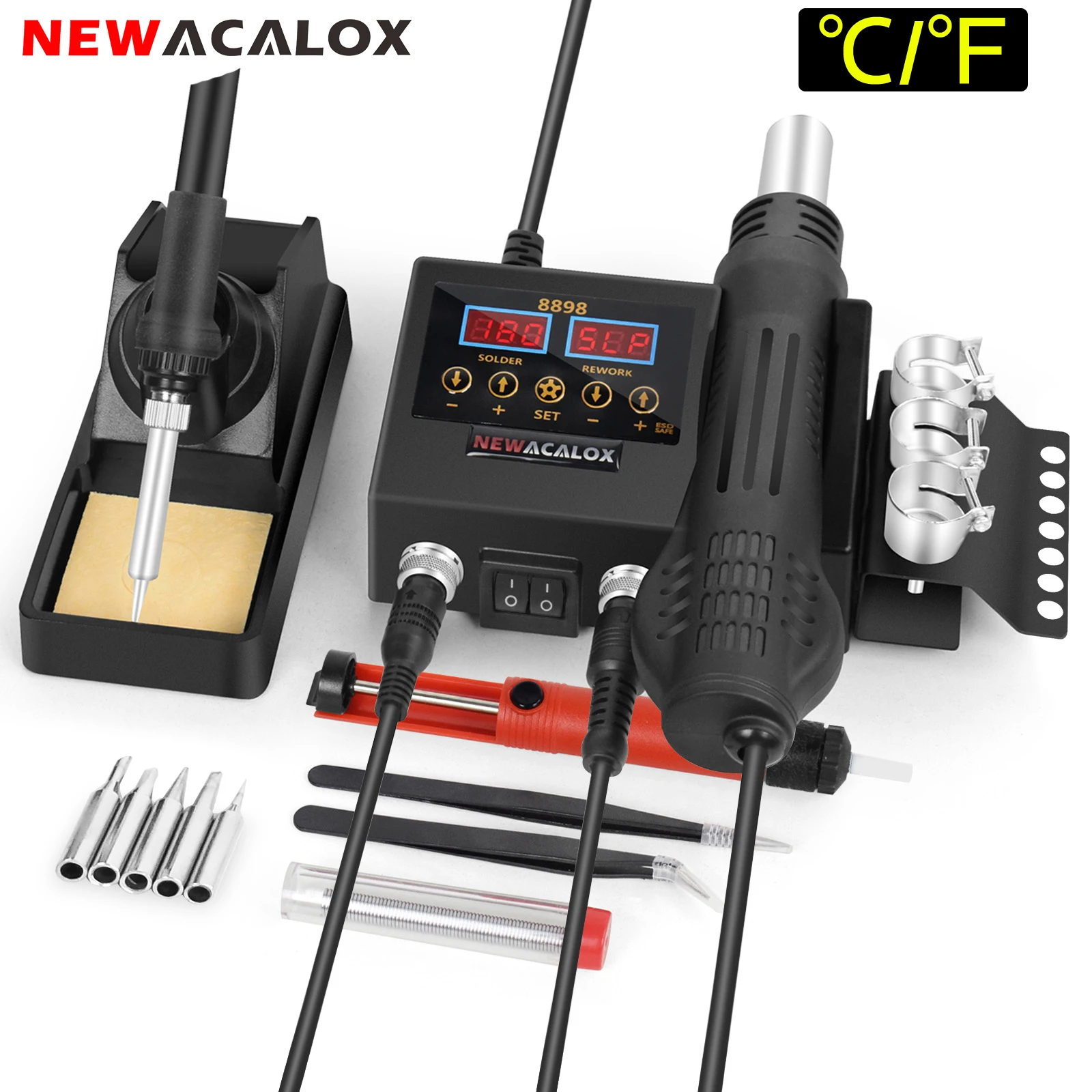 

NEWACALOX 8898 2-in-1 Rework Soldering Station Hot Air Gun Electric Soldering Iron ℃/℉ Temperature Adjust for PCB IC Repair