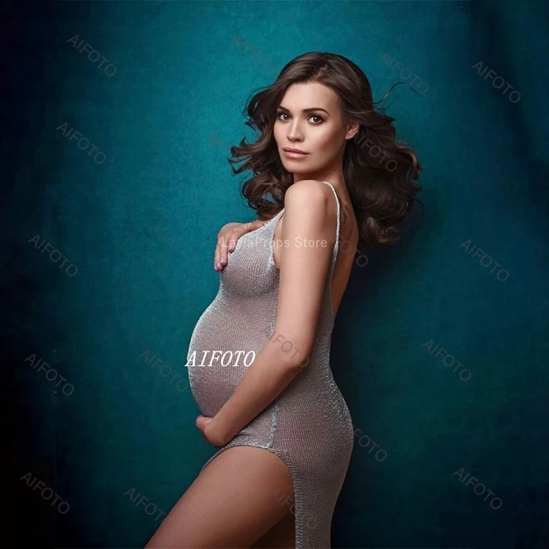Umstandskleid für Fotografie, freie Größe, tiefer V-Ausschnitt, goldfarbenes Strick-Robe-Kleid für Damen, Schwangerschaft, Fotoshooting, Requisiten, Kleidung