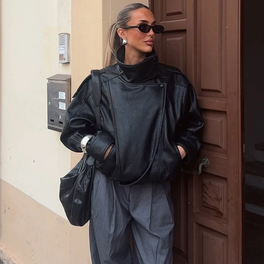 Tuularose الوقوف طوق المرأة سترة كم كامل زر مزدوج الصلبة الإناث سترات من الجلد الخريف موضة ملابس خارجية شارع العليا #5