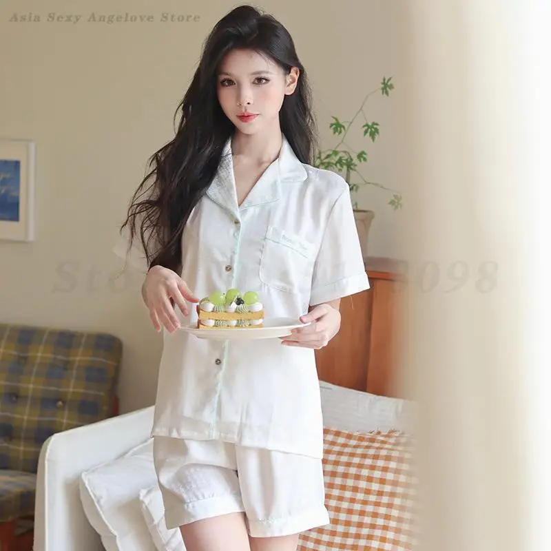 Female Pajamas Set Pink Jacquard Sleepwear Summer New Short Sleeve Shorts Pijamas Suit Home Clothing Casual Satin Loungewear