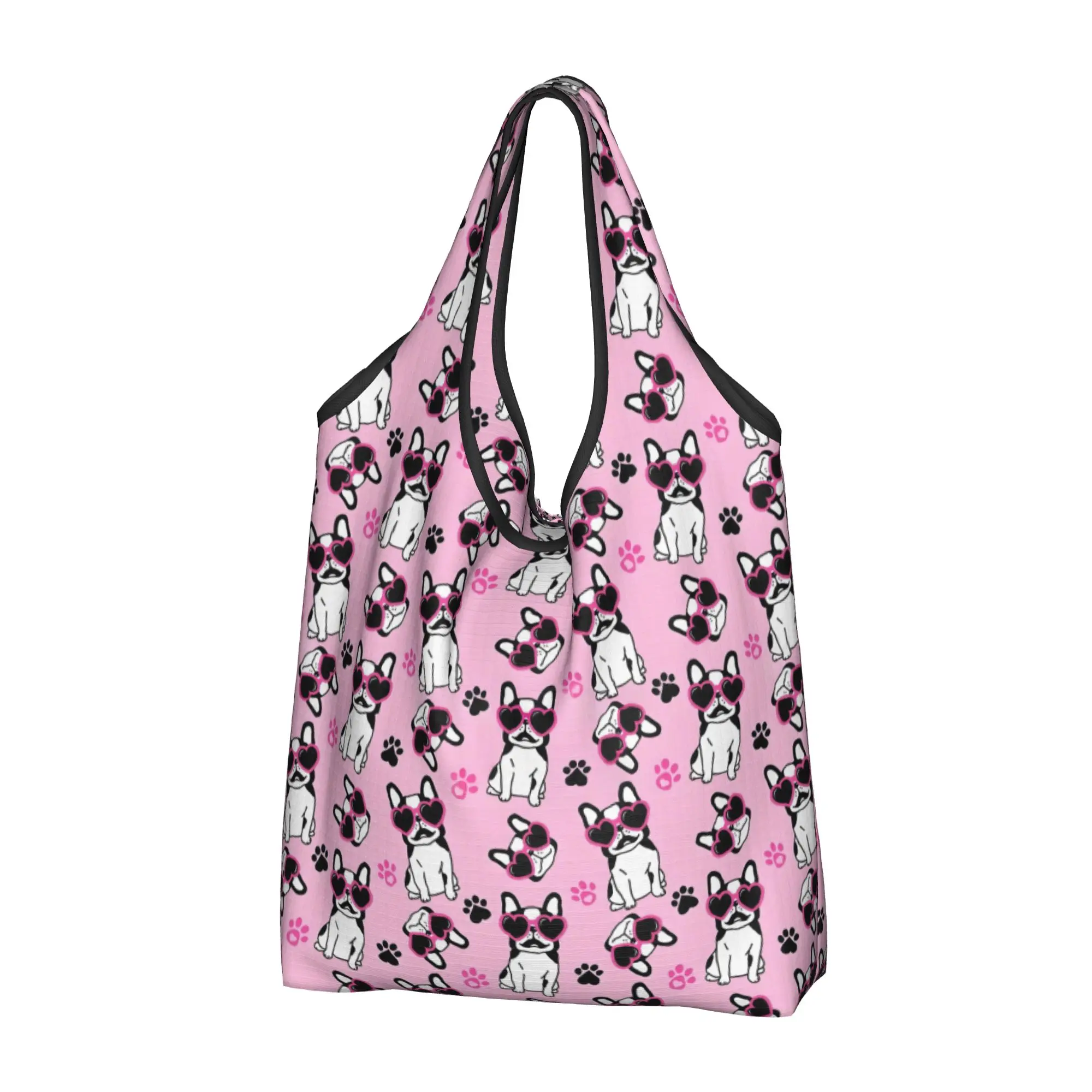 Custom Cute Bulldog Pink Heart Glasses Dog is My Valentine Shopping Bags  Grocery Frenchies Dog Pet Gift  Shopper Tote Bags