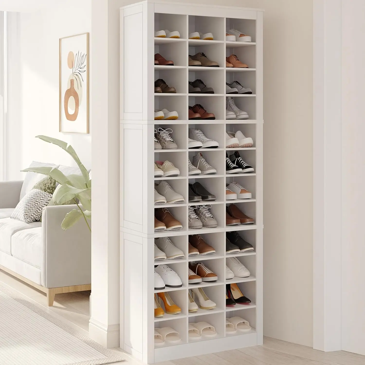 Storage Cabinet, 36 Pairs Free Standing Closet Organizer, 8.8 inch Widened Cell Wood Shoe Organizer, 12 Tiers Vertical Spac