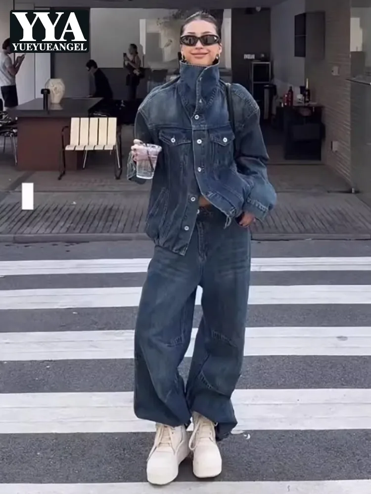 Women Retro Denim Jacket Outfits Stand Collar Loose Fit Coats Two-Piece Set Autumn Wide Leg Pant Full Length Trousers Sets