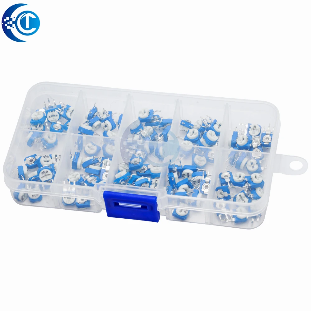RM063 Vertical Multiturn Trimmer Potentiometer Kit (100PCS) - 10 Values 500Ω–1MΩ Adjustable Resistors