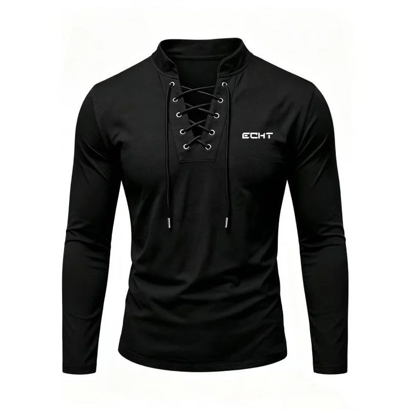 2026 Cross-border Foreign Trade Autumn Men's Retro Stand-up Collar Tie-front Leisure Printed Long-sleeve Henley Shirt New Style