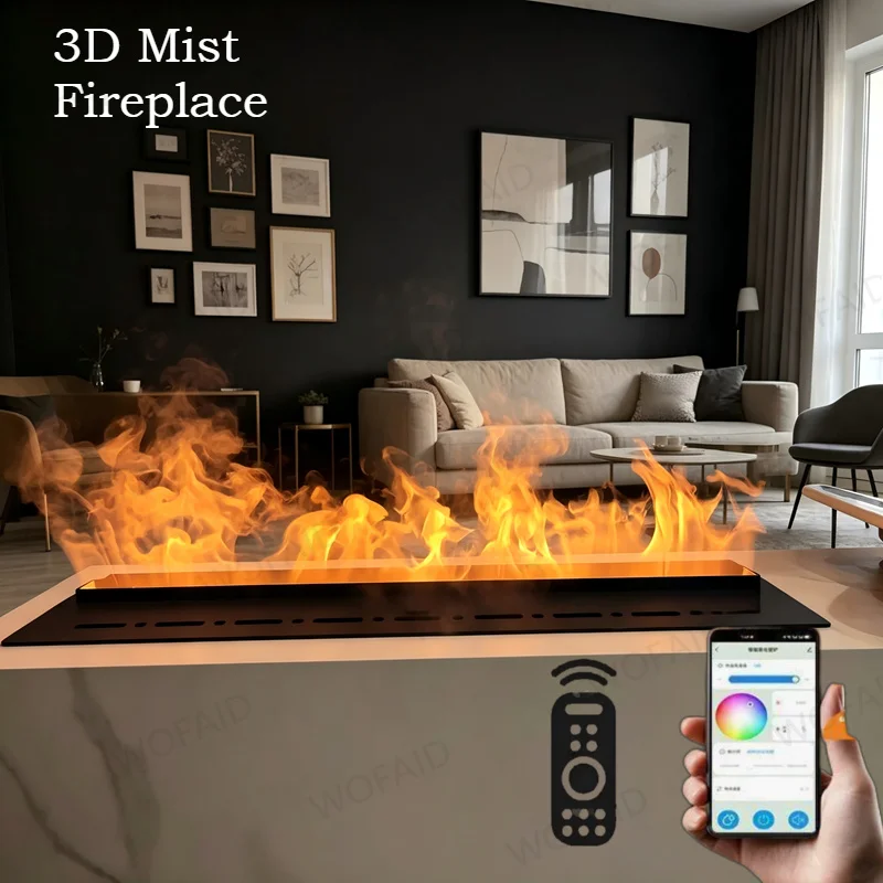 3D Mist Fireplace with Adjustable Humidity Output,120cm Wall-Mounted,Timer,Remote,No Heat Decoration,Ultra Realistic Flame Ember