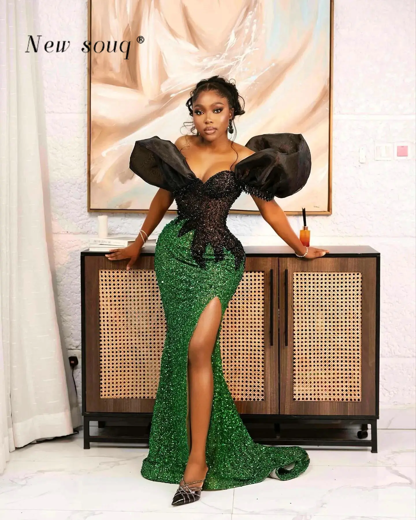 Customized Nigeria Black&Green Long Prom Dresses with High Side Slit Off Shoulder Sequins Evening Party Night Gowns for Girls