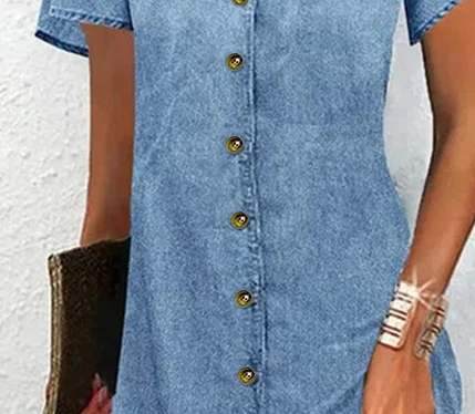 الملابس النسائية الخامس الرقبة واحدة الصدر خمر الدنيم اللباس قصيرة الأكمام فستان القميص الرجعية