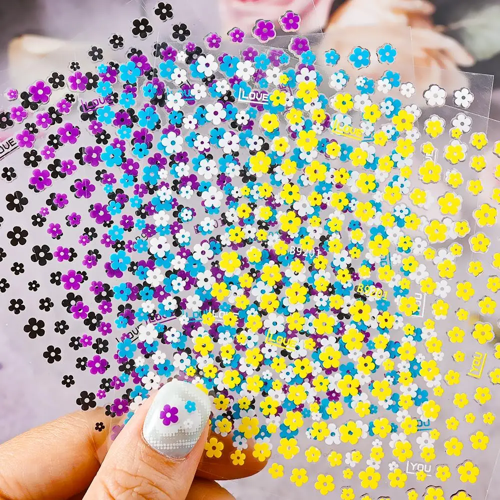 1PC Colorful Flower Nail Stickes 3D White/Purple/Yellow Kawaii 5-Petal Nail Decals Mini Flower DIY Adhesive Nails Art Sliders