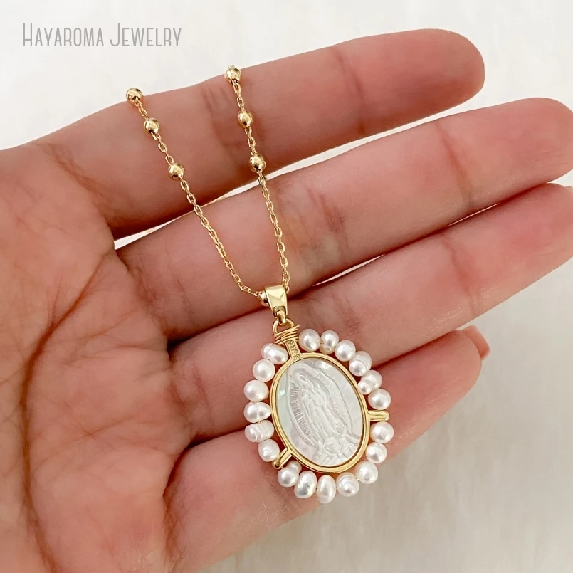 

10Pcs Mother Of Pearl Virgen De Guadalupe Necklace Gold Color Religious Jewelry Catholic Gift Necklace Mexican Jewelry