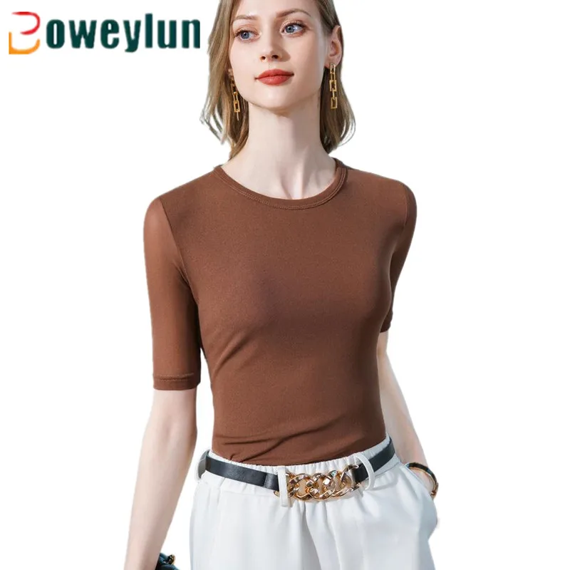 

Boweylun Mid Sleeve T-Shirt Female Summer Mesh Stretch Solid Color Round Neck Five-Points Sleeve Top Women