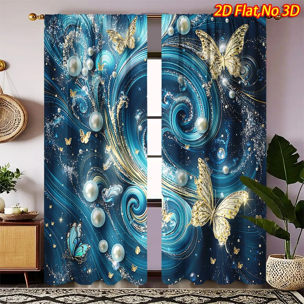 2D Flat Print Blue Gold Butterfly Pearl Vortex Curtains Polyester Machine Washable Bedroom Living Room Kitchen Glam Decor