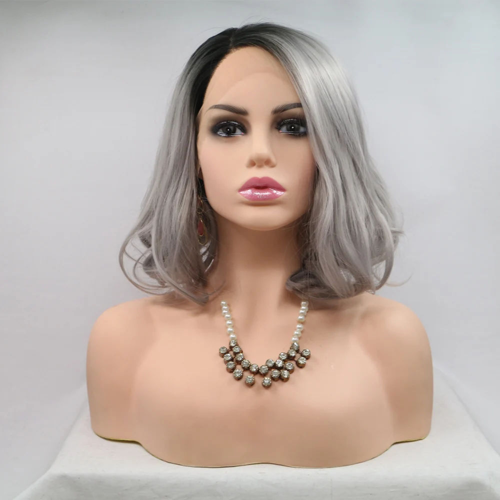 Melody Short Bob Wig Ombre Grey Lace Front Wig with Drak Roots Hair Heat Resistant Fiber for Women Cosplay 14inches