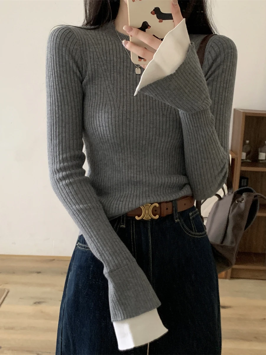 

Slim Fit round Ne Color Blo Knit Top Women's Faion High End Feeling Bell Sve Base irt Korean Sle Long Sve Swe...