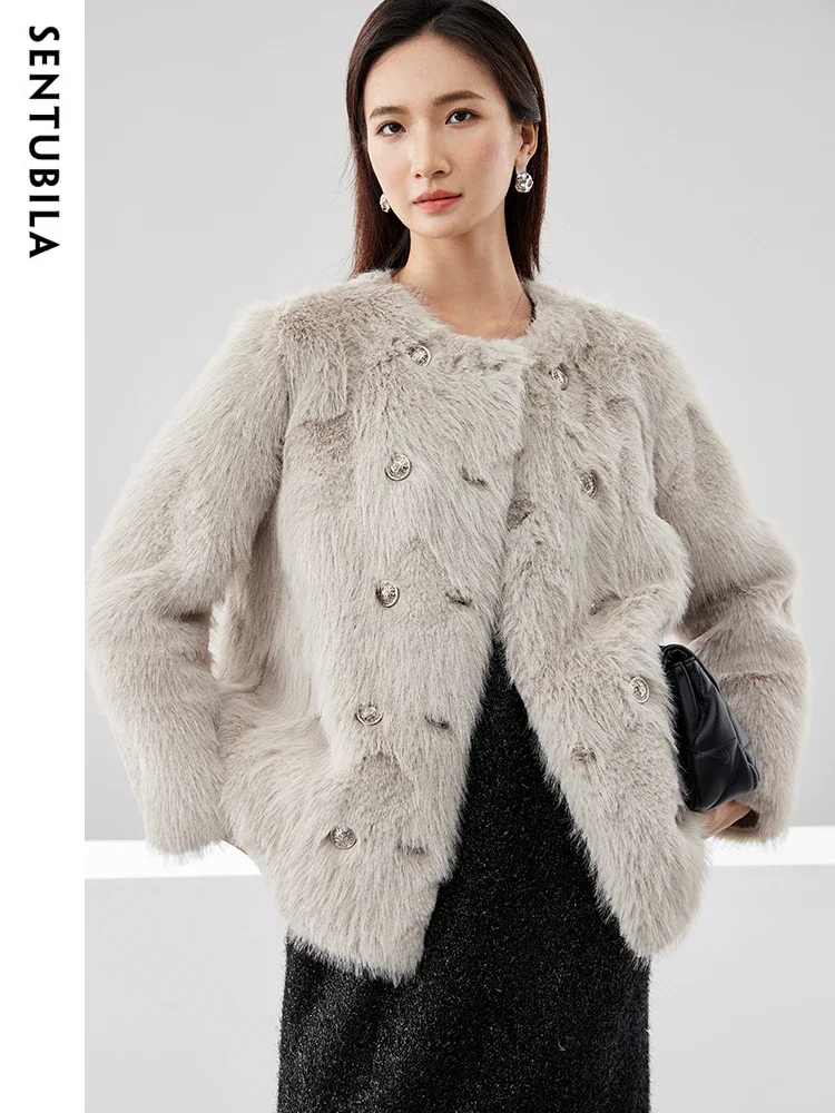 SENTUBILA Fashion Faux Fur Coat Women 2024 Winter Fluffy Jacket Thick Warm Double Breasted Plush High Quality Coats W44W58580X