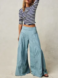 Women's Pants High Waisted Elastic Waist Loose Women's Wide Leg Spliced Pants Casual Solid Color High Street Pants with Pocket