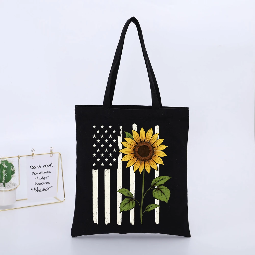 Unisex American Flag and Sunflower Print Canvas Tote Bag, Casual Style for Daily Shopping and Summer Outings