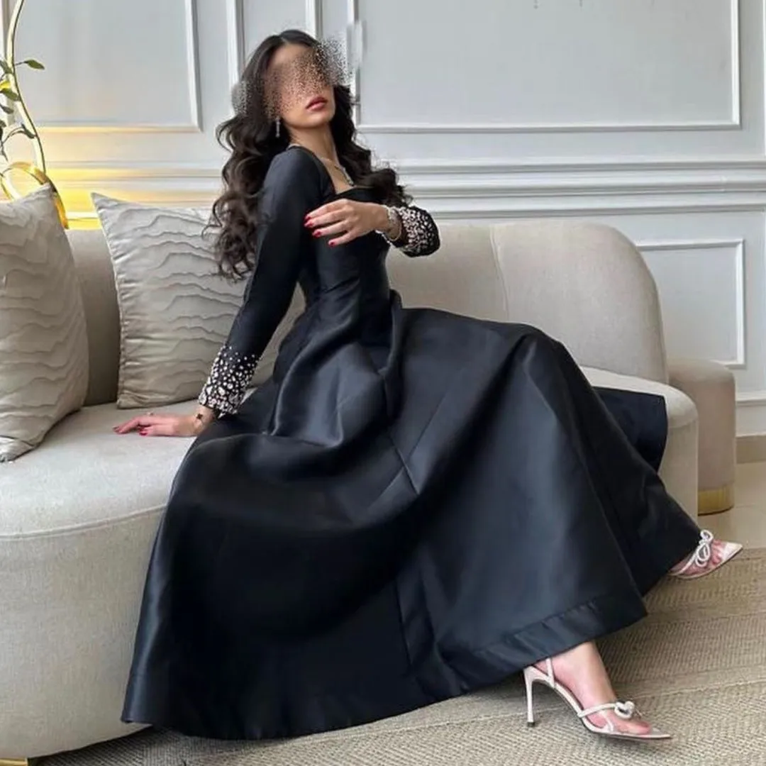 

Fashionvane Square Neck Evening Dresses with Beaded Long Sleeves Prom Dress Black Satin A Line Special Occasion Vestidos