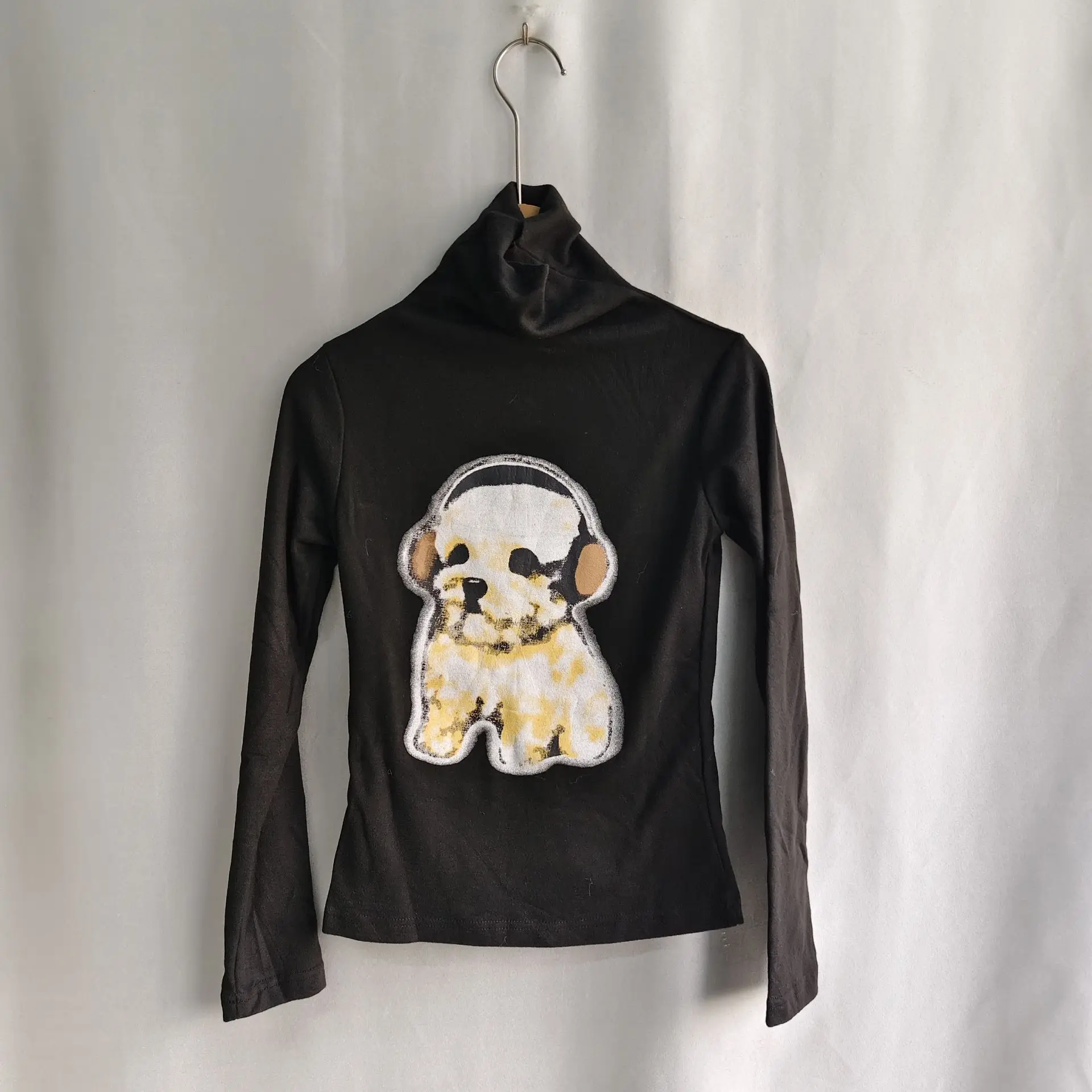 Kimotimo Hotsweet Puppy Print Detachable Fur Long Sleeved T-shirt Women Autumn Winter Turtleneck Slim Fit Bottom Y2k Crop Top view 2