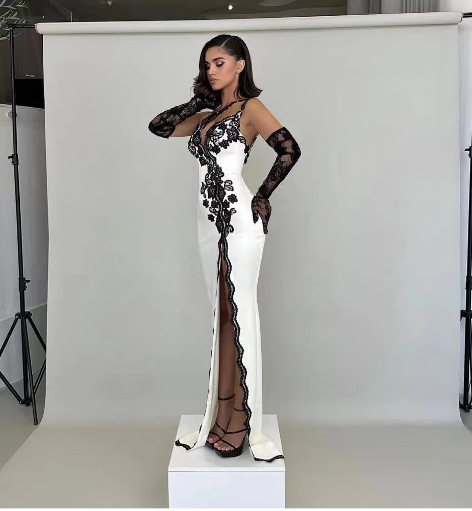 2024 New Fashion White Color One Shoulder Sexy Black Lace High Split Bodycon Bandage Long Dress Celebrate Nightclub Party Outfit