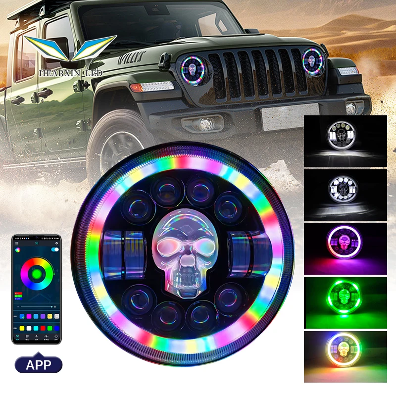 

Upgraded Version Car Headlight LED H4 Hi/Lo Beam Light Motorcycle Headlamp Skull Angel Eyes RGB Colorful Halo Lights for Pickup