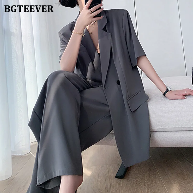 BGTEEVER Summer Ladies Trousers Suits Short Sleeve Jackets & Wide Leg Suit Pants Women Outfits Elegant Ladies 2 Piece Blazer Set