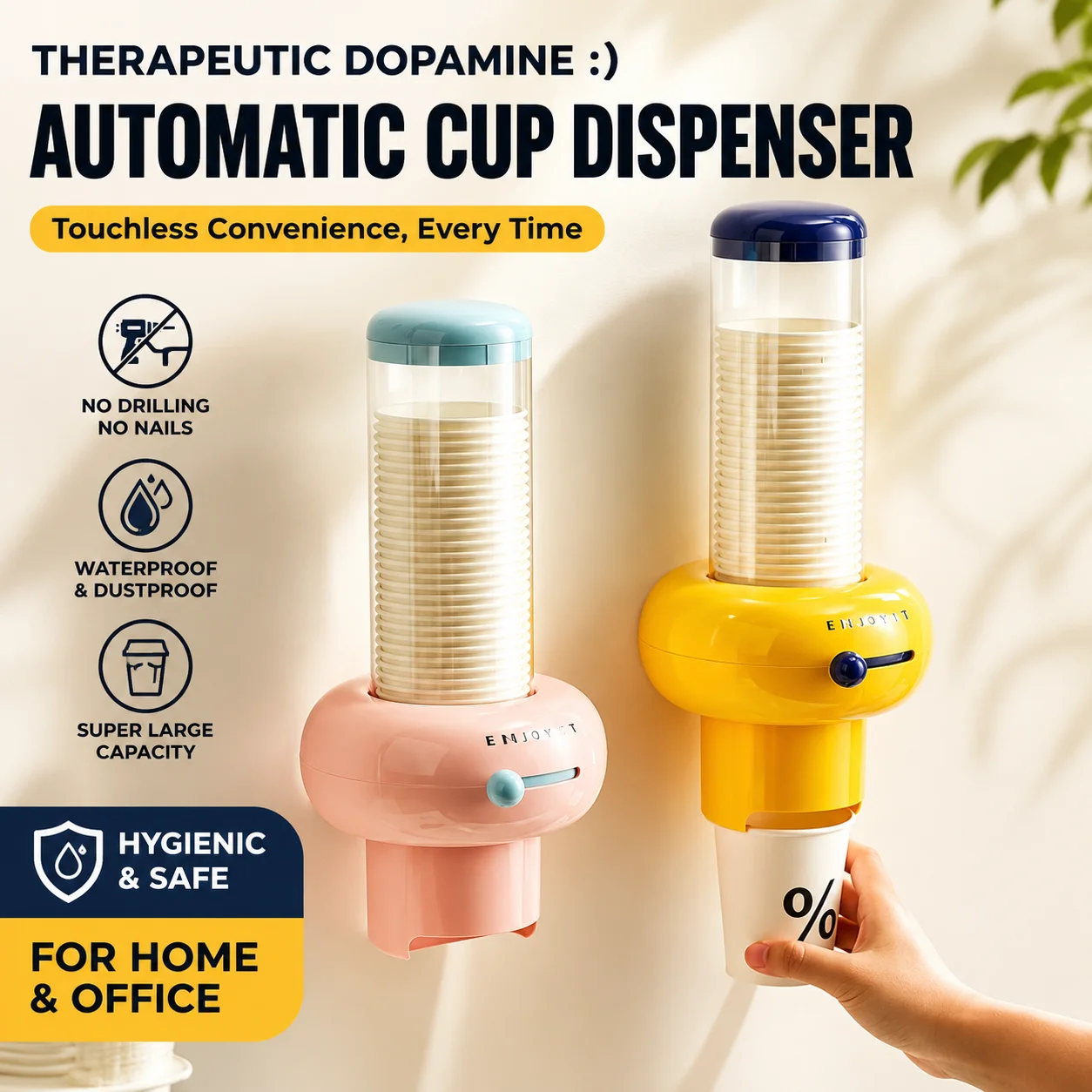 Dopamine Automatic Cup Dispenser, Disposable Cup Holder, Creative Hole-Free Wall Mounted Paper Cup Holder