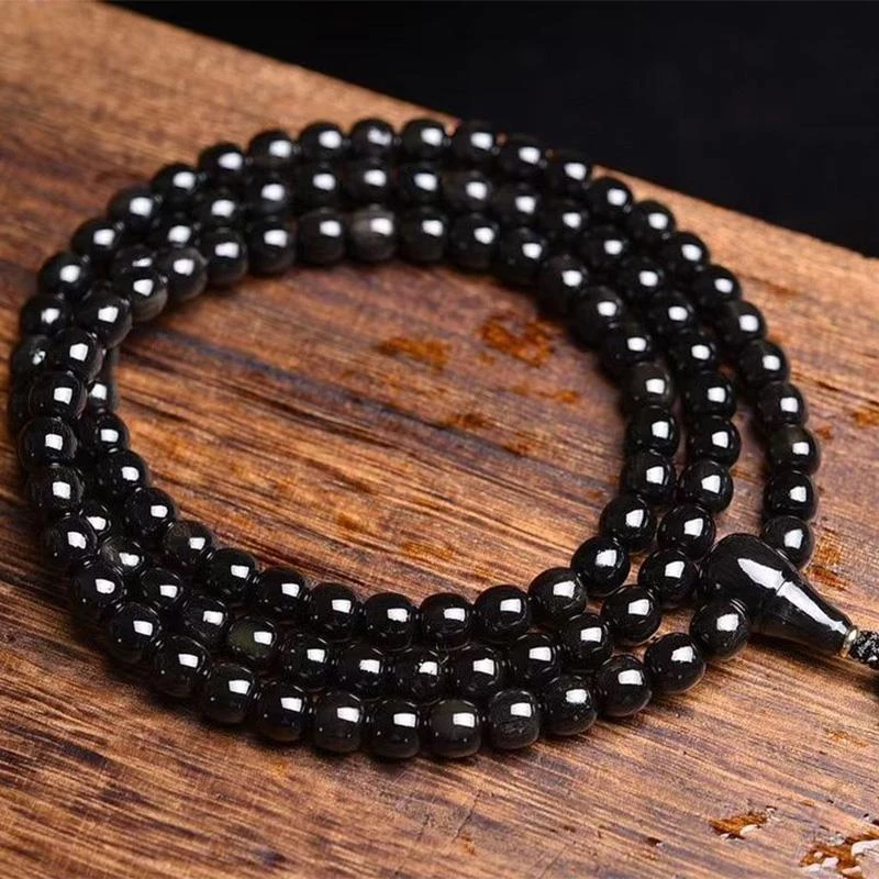 Natural bracelet with black flower horn , bamboo thread and fish scale pattern, 108 traditional barrel-shaped beads, B