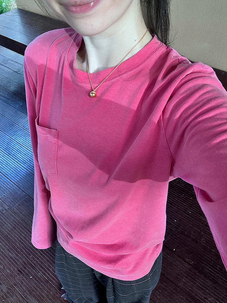 

Rose Red Pure Cotton Long Sve T-irt Women's Loose Fit Overhead round Ne Base irt Casual Sle Casual Wind Universal ...