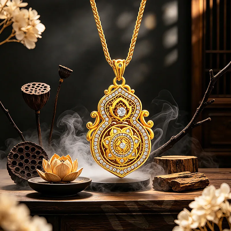 9999 24K Real Gold Heavy Industry Hollow Filigree Point Diamond Rotatable Sunflower Gourd Pendant for Girlfriend Necklace