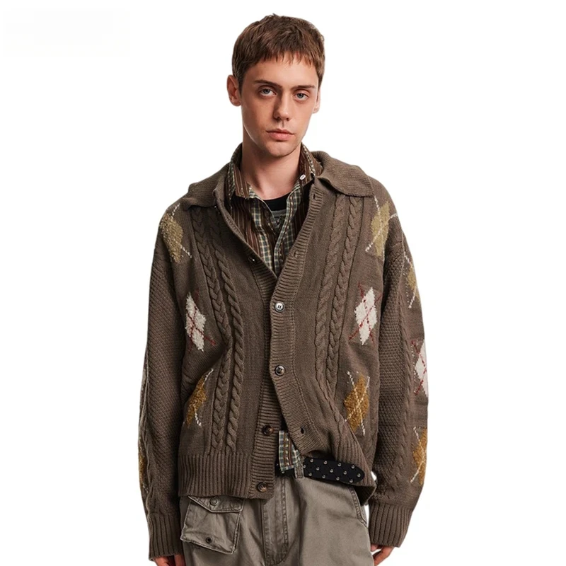 

Rhombus Plaid Knitted Cardigan Mens Retro Casual Autumn Winter Lapel Single Breasted Long Sleeve Sweatercoat Man