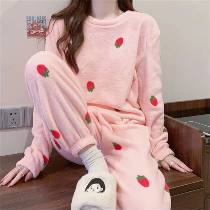 Sweet Women Pajama Set Strawberry Pullover Top 2Pcs Elastic Waist Straight Pants Casual Autumn Winter Fleece Homewear Suit Y2K