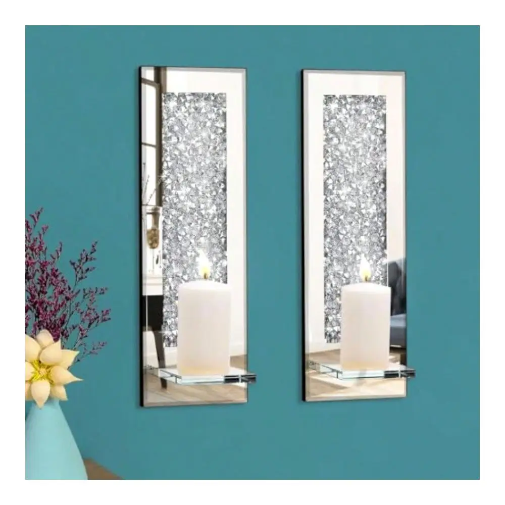 Crush Diamond Wall Candle Holder Set Of 2 Rec Sier Mirrored Candle Sconces Home Wall Decoration For Living Room Dining Room Bed