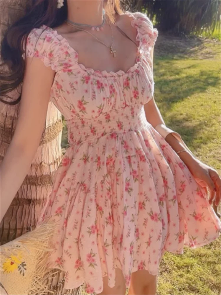 French Prairie Style Sweet Girl Floral Print Little Pink Dress Summer Holiday Flower Square Collar Slim Waist A Line Mini Dress