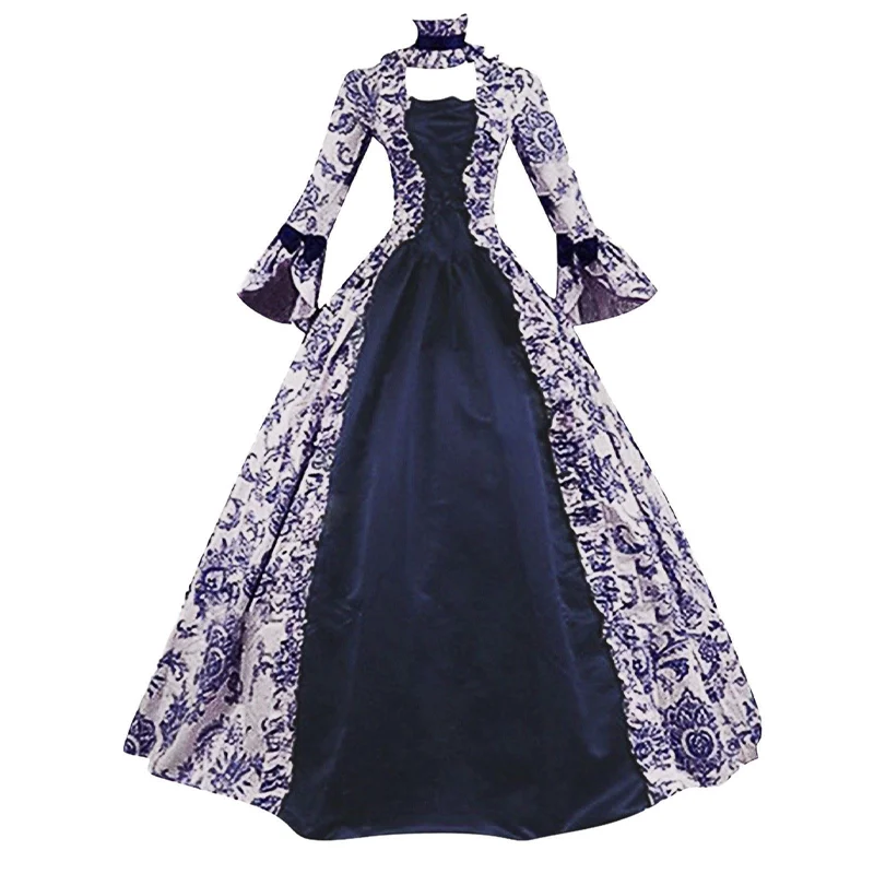 Womens Vintage Ball Gown Victorian-style Bell-Sleeve Princess Dress with Ruffles Long Printed Dress for Halloween and Carnival view 6