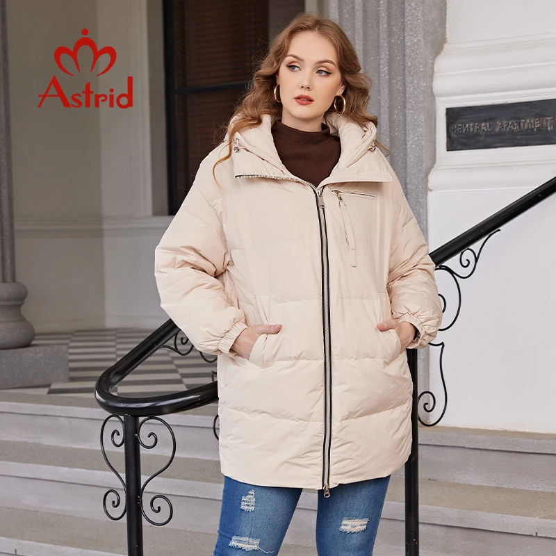 Astrid New Winter Clothes Women Loose Mid-Long Fashion Down Jacket Plus Size Women\'s Parka Hooded Simple Casual Quality Jackets